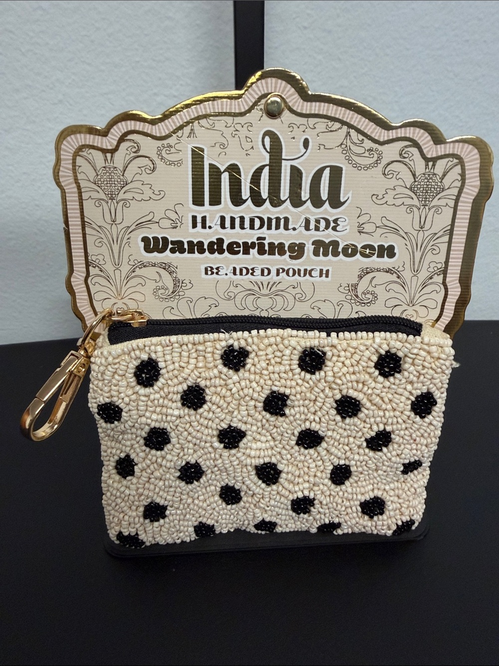 Wandering Moon | Cream & Black Polka Dot Beaded Coin Purse